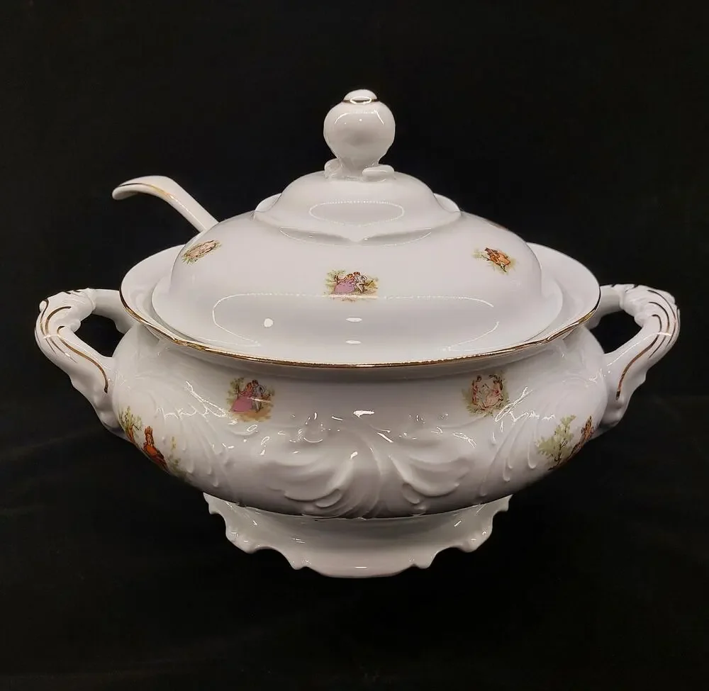 Vintage Wawel Poland Porcelain Soup Tureen Set with Lid Ladle Gold Trim China